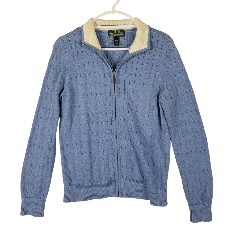 Lauren Ralph Lauren Cardigan Women Large Blue Cable Knit Full Zip Mock Neck